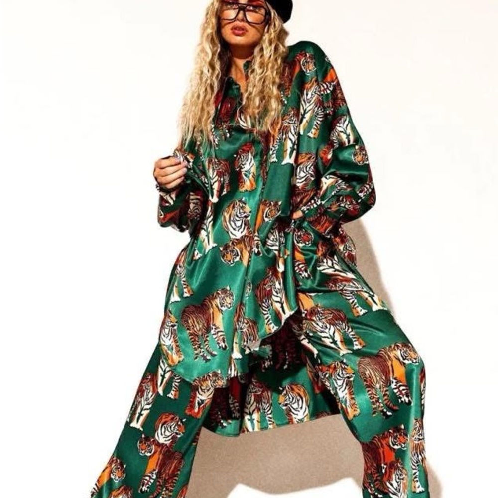 Dressed in La La Green Tiger Print Satin Playsuit set